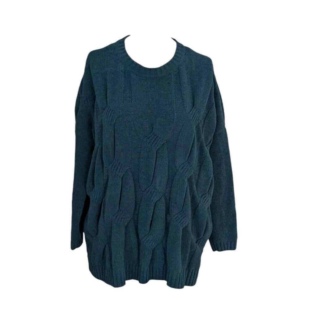 J Jill Green Cable Knit Chenille Crewneck 3D Chain Oversized Sweater Size Medium